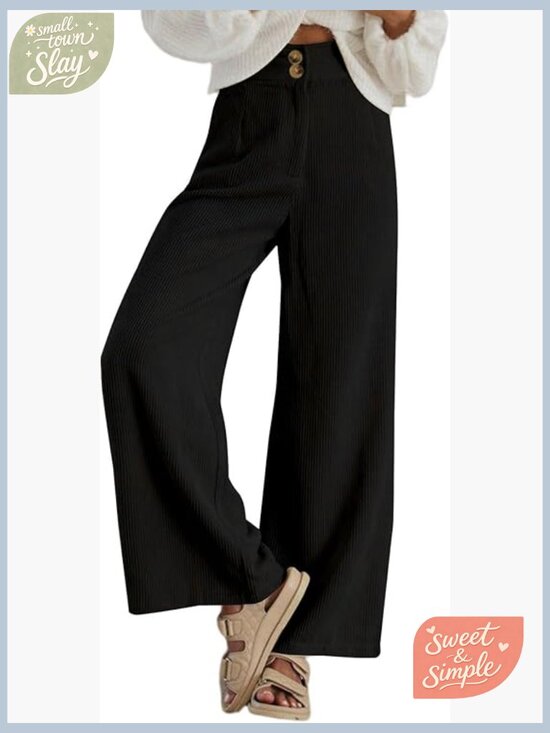 Pants - High Waisted Corduroy Wide Leg Pants with Pockets Stretchy Casual Work